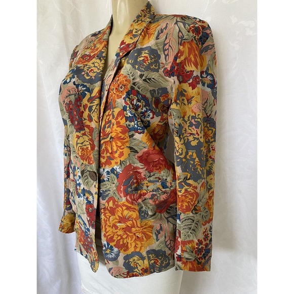 Vintage Galinda Wang Silk Blazer Jacket Floral Pockets One Button Lined … - Picture 2 of 6